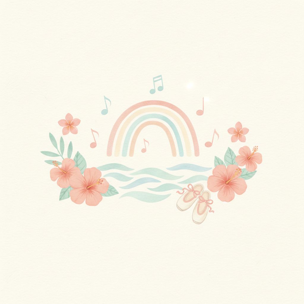 A rainbow, music notes, ocean waves, hibiscus flowers and ballet slippers