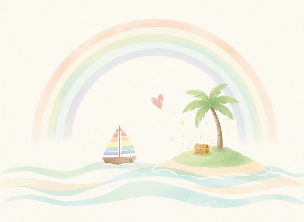 A rainbow sailboat sailing to an island with a treasure chest